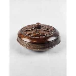 Vintage Hand Carved Wood Trinket Box Floral Lidded Jewelry Keepsake Round Bowl